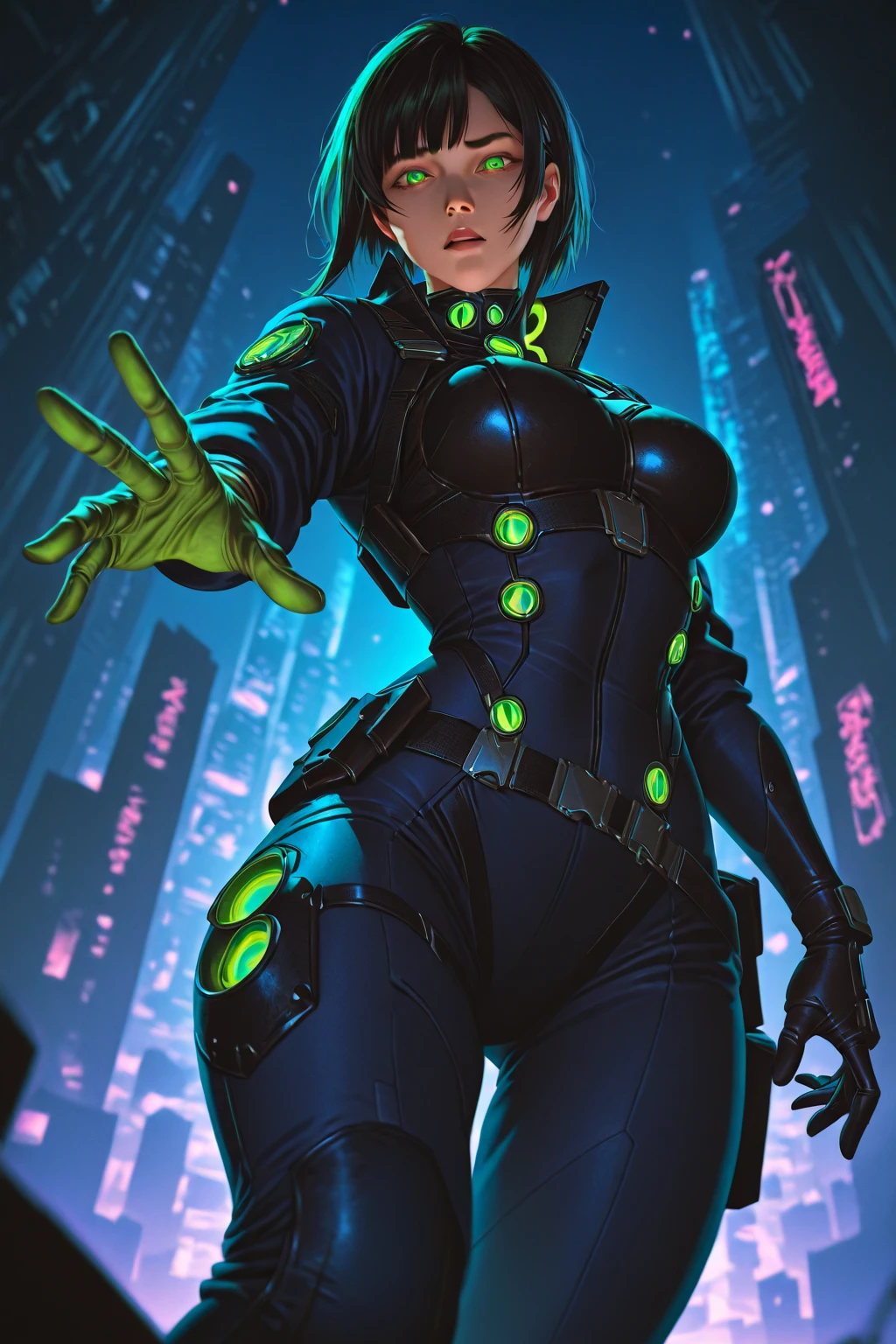 robot gothic woman,with alien helmet, holding a gun,serious look, city cyberpunk