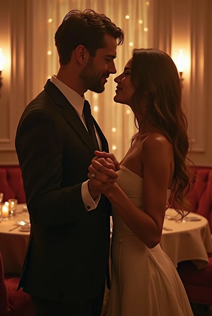 An elegant man, smiling with confidence, reaching out to a radiant woman, in a sophisticated environment like a restaurant.