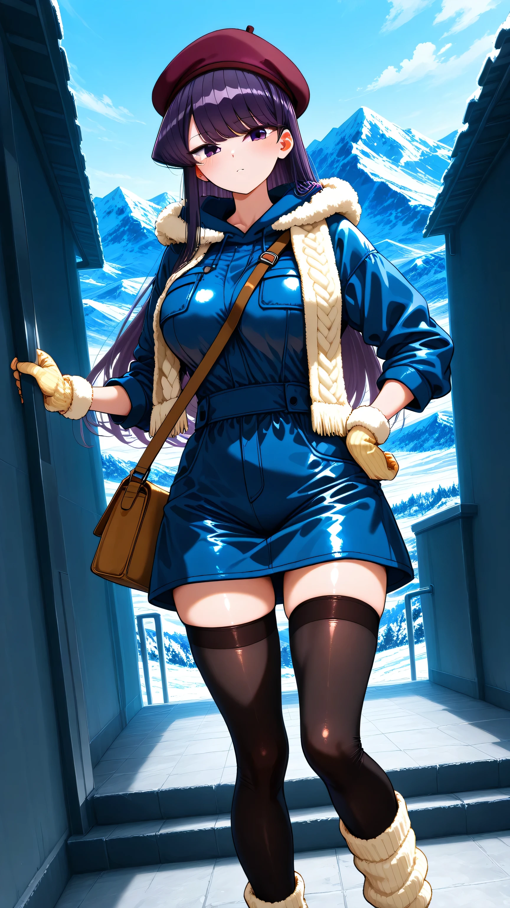 alone (Komi Shouko, purple eyes and midnight purple hair long hair,), large breasts,cheerful expression, (dressed in a hoodie), (leggings), (botas sobre la rodilla), (), ( faux leather stole ), (knitted gloves), (Wool socks), (beret hat), (Mitones con alonepa), ( shoulder bag ), (hoodie with fur trim), (thigh-length stockings), ( thermal skirt ), ( thermal jumpsuit ), ( snowy mountain side ),