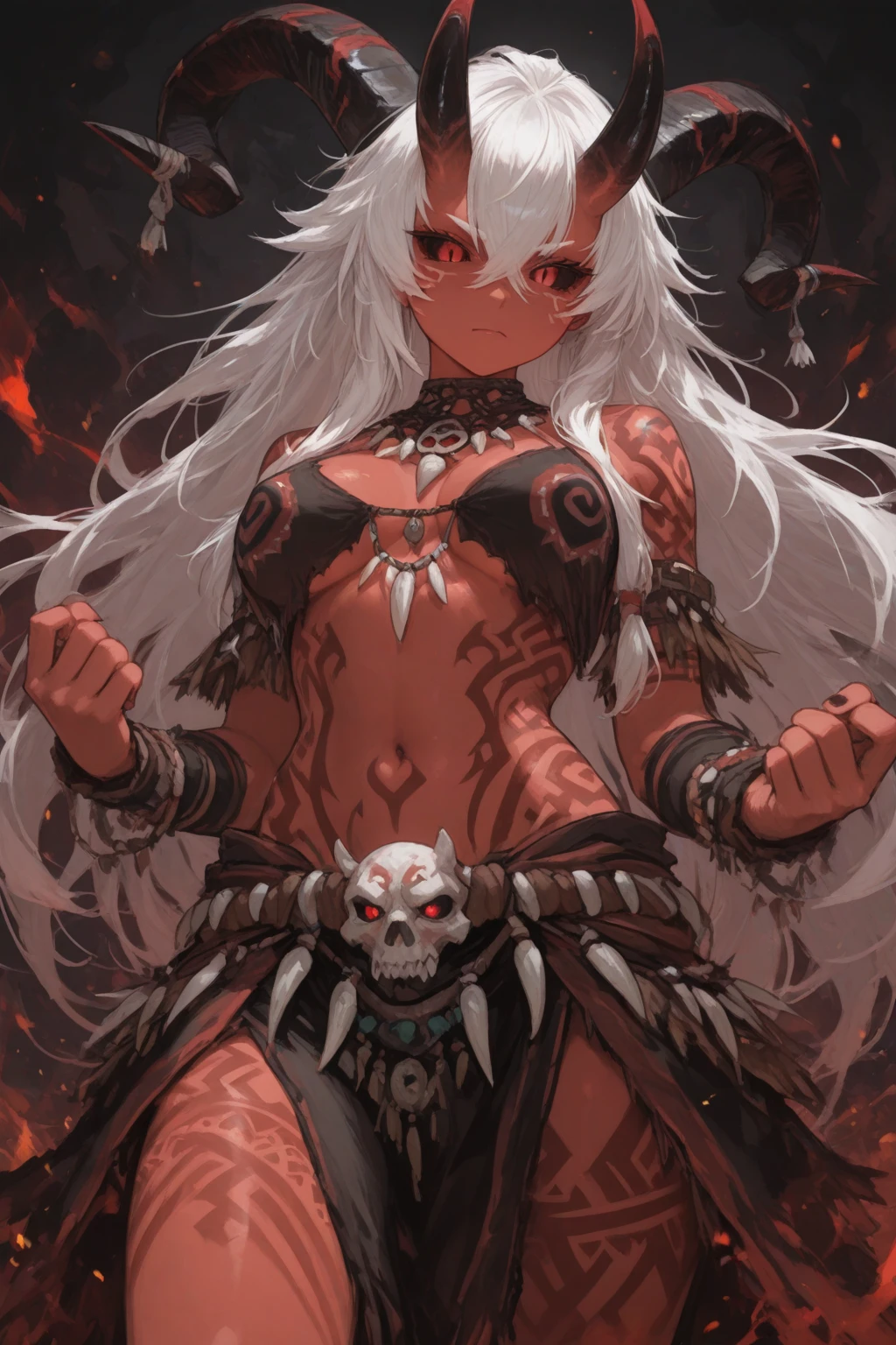 Dark elf, fantasy race, pyromancer, tribal tattoo, tribal bikini, flame magic, large breasts, red eyes, gray skin, white hair, tribal accessories