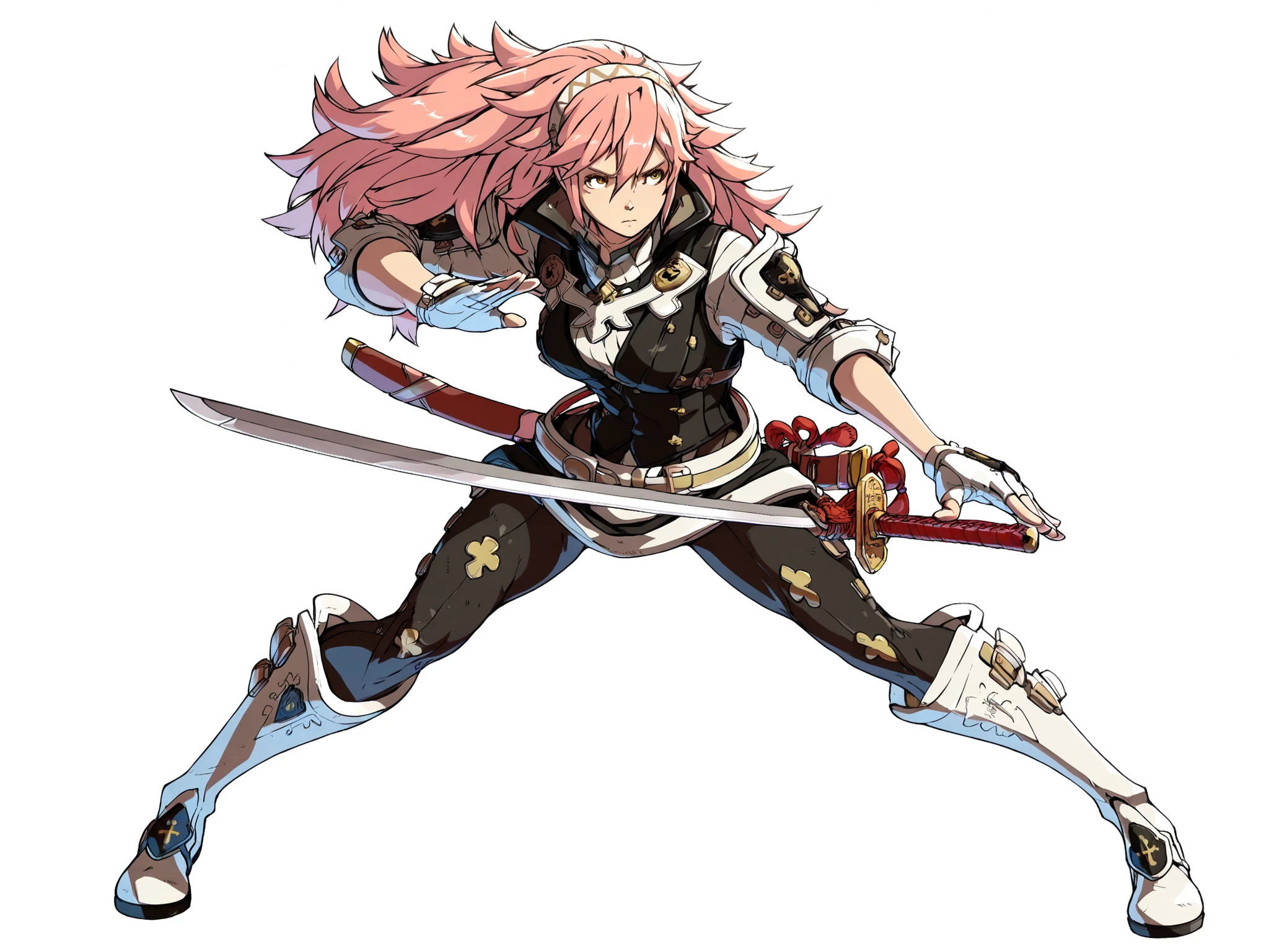 White background, high quality image, source_game, Fire Emblem Fates, Soleil, 1girl, medium breasts, lithe body, serious expression, yellow eyes, pink hair, mercenary uniform, black vest, white undershirt, white gloves, black leggings, white long boots, knight armor, katana in sheath, neutral stance, Guilty Gear design