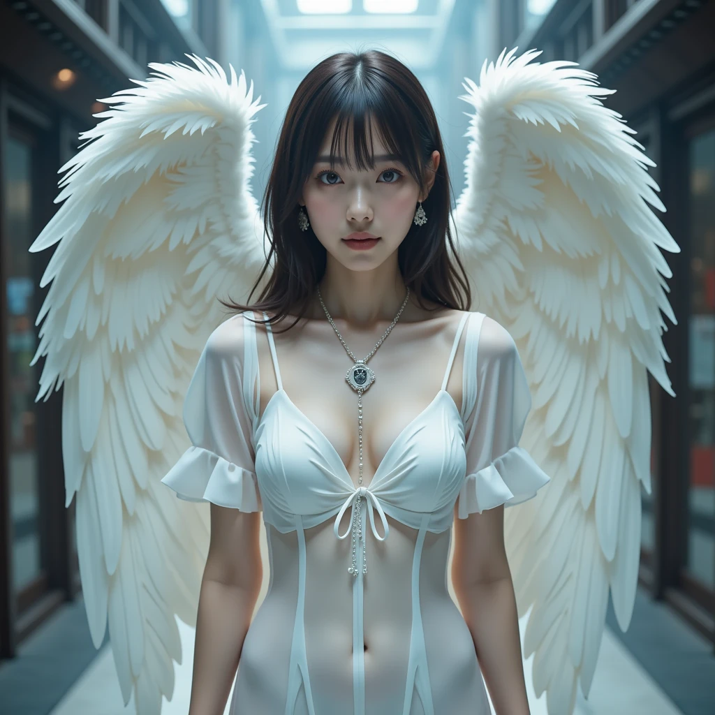 masterpiece, (best quality:1.2), [:intricate details:0.2], 1girl,, angel, angel wings, white frills, (daytime sky), shimmering aura, intense focus, crackling energy, mysterious symbols, sparkling motes,