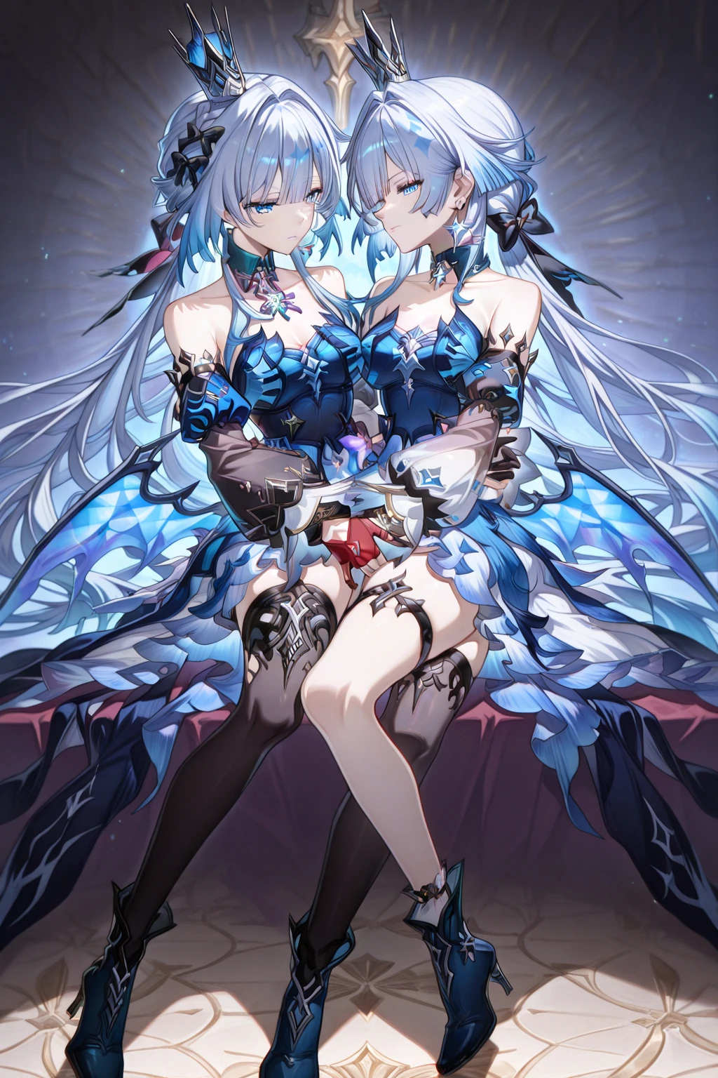 (extremely CG ,best quality),(best illumination,best shadow),8k wallpaper,\(ᒏᒏᒏᒏᒏᒏᒏᒏᒏᒏᒏᒏᒏᒏᒏᒏ\),\((1 beautiful and detailed girl) with (beautiful and detailed face) with (blue long hair) with (blue eyes) with (flower necklace) with ([white:0.8|blue|golden] long sleeves lace layered long dress) with (black waistband) with (full body) with (flower:1.2)+(pretty blue ice:1.25)+(blue Ice crystals texture the wings:1.3)\) inside (floating palace:1.3)),༅༅༅༅༅༅,
(half decorational vertical border in the middle),(Symmetry split theme and screen:1.4)),
\((1 beautiful and detailed girl) with (beautiful and detailed face) with (red long hair:1.35) with (red eyes) with (flower necklace) with (([red|black|silver:3.0] long sleeves lace layered long dress)) with (black waistband) with (full body) with (flower:1.35)+(pretty red fire:1.32)+(red Wings covered in flame:1.4)\) inside (floating palace:1.3)),
[[delicate fingers and hands:0.5]::0.85]