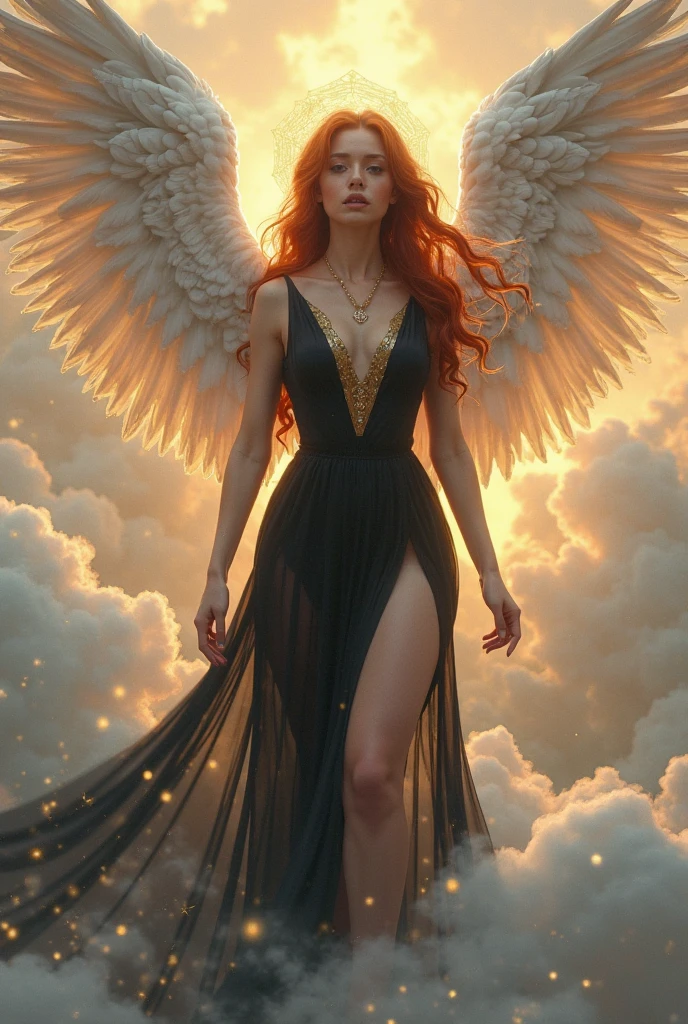 (best quality,8k:1.2,high resolution:1.2),epic cinematic image,glorious appearance,ultra-detalhado,Realistic,vintage godess female,long red curly hair,rosto extremamente detalhados,long eyelashes,big angel wings,soft white dress,suntan tights,metalic accessories,Physically-based rendering,sharp focus,natural lighting