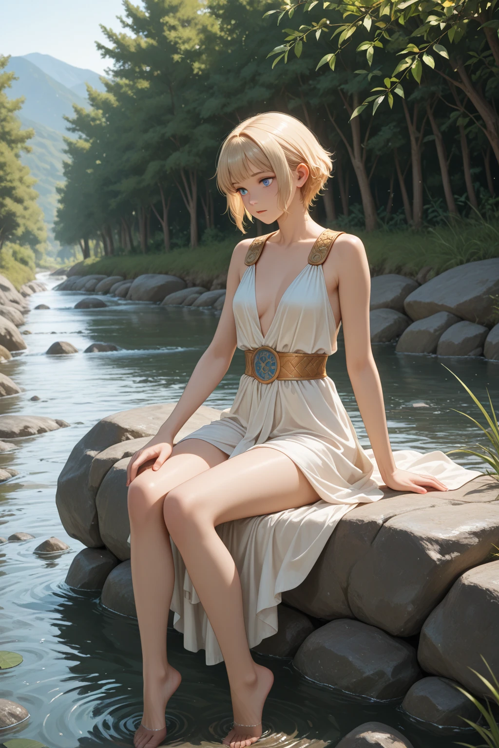 masterpiece, Highest quality, DQ Bianca, Single Blade, Earrings, choker, Orange Cape, Green Dress, belt, Small breasts, Sitting, Upper Body, Leg spread, Turn your body forward, hot, Sweating a lot, Wipe away sweat, looking at the camera, Ocean辺, Ocean, angry