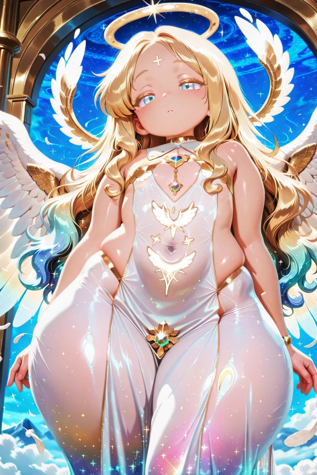 best quality,best resolution,(fluffy anthro furry :1.3),(young :1.3),cat girl,small breasts,yellow long hair,wavy hair,pink eyes,sparkle eyes,white fur,naked,gold bracelets,gold body accessories ornaments,floral hair ornaments,gold body ornaments,shiny angle wings on girl back,panoramic view,golden clouds background,light and shadow,looking at viewer,full face blush,horny face,horny scream,horny eyes,drool,heavy breath,heart eyes,heart expression eyes,plenty pussy juice,front view,girl on top,leaning forwardly,fiercely sex,brutal sex,vaginal sex,plenty cumming in pussy,plenty cum splash,plenty cum dripping,tense pose,armpits,two eye closed,twisted body