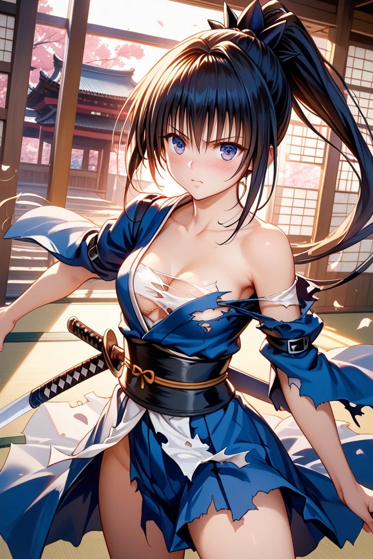 absurdres, RAW photo, extremely delicate and beautiful, masterpiece, Best Quality, ultra high resolution, 32k, hyperrealistic, ultra-detailed, in her 20s, delicate facial features, tearful mole, earring, medium breasts, full body shot, shorter middle hair, black hair, shuimobysim, Japanese kimono, ninja, samurai, sword with blue flames,