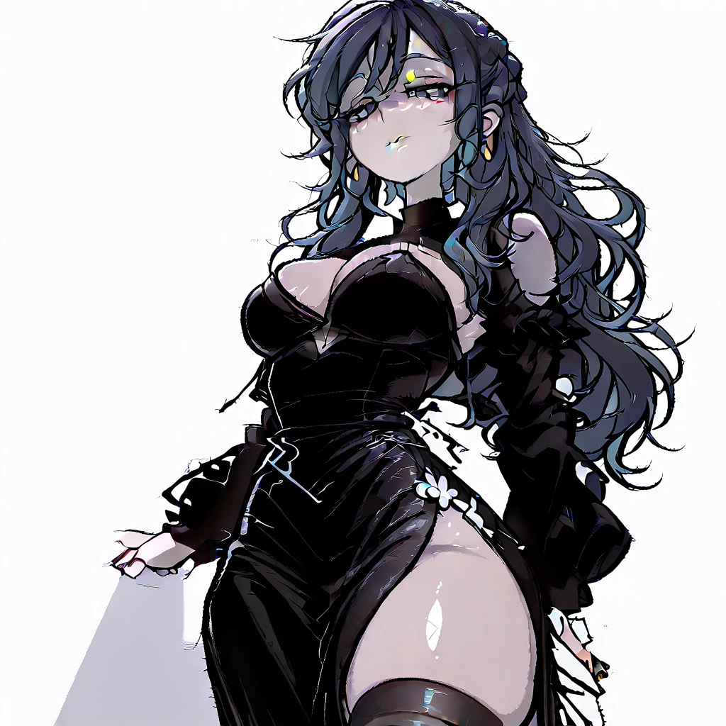 a 20-year-old female character, long wavy dark blue hair, purple and blue streaks in the clear at the tip, dark violet eyes, Caucasian skin, hourglass style body, medium breasts.