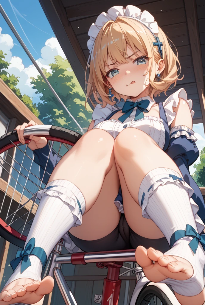 a cartoon anime girls butt is showing under her skirt in underwear fashion, 1girl, kafuu chino, panties, striped, underwear, long hair, solo, cameltoe, skirt, hair ornament, blue eyes, outdoors, from below, striped panties, bow, shirt, bow panties, day, blush, sleeveless shirt, sleeveless, Blonde hair, sky, black skirt, tree, groin, upskirt, sweat, hairclip, looking at viewer, breasts, center frills,Ichigo Hoshimiya (Aikatsu!),jyojipan, cotton pantie