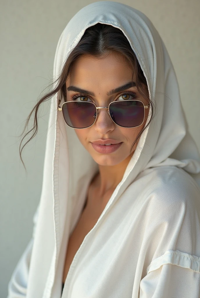 absurdres, foto RAW, mais alta qualidade, (obra-prima: 1.3), foto de cor RAW de alto detalhe, foto profissional, unidade de papel de parede CG 8k extremamente detalhada, foto-realista, realista, foto RAW, obra-prima, melhor qualidade, highres, illustration, 1girl, 16 ANOS, baixinha, tiny girl, magra, branca, ruiva, cabelo vermelho, cabelo ruivo com cachos, cabelo ondulado, curly hair, Average length, cabelo preso, pernas finas, rosto lindo perfeito com sardas, cardune lips, belos olhos realistas, olho direito verde, olho esquerdo azul, heterocromia, pale skin, textura de pele detalhada, seios planos, muito pequenos, bunda pequena. Rosas vermelhas tatuadas nos ombros, tattoos of pagan symbols on the forearms and hands. Corpo magro, esguio. Ruiva. Sorriso. Saindo do banho. Suada. Fazendo sexo oral. Estilo bruxa. Pagan style, Celtic, wiccan. Escocesa. She looks amazing. (dressing gown, metal sunglasses, colar com pingente de pentagrama, design detalhado), casa, noite.