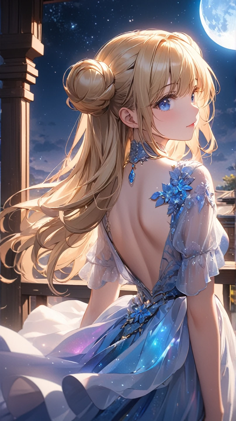 (best quality),((masterpiece)),(highres), original, (extremely detailed 8K wallpaper), overexposure,1girl,(medium breasts),(an extremely delicate and beautiful),(Beautiful and detailed eye description), (Beautiful and detailed facial depiction),(solo),(full body), arms behind back, blonde hair, messy hair, long hair, luxury evening gown, fine and detailed armor, castle, glory, hope, (beautiful sunset, cloudy sky), hair ornament, necklace, jewelry, earrings, background with butterflies, bare shoulders,