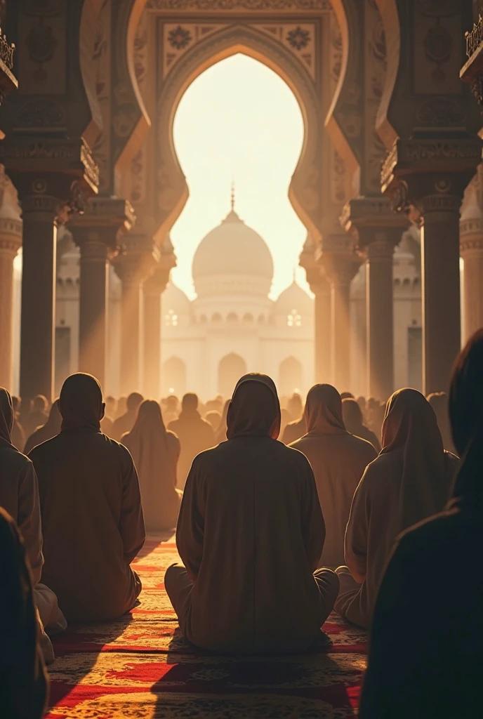 A high-resolution image of the Grand Mosque in Mecca during dawn prayers, capturing the intricate details of the architecture and the worshippers.