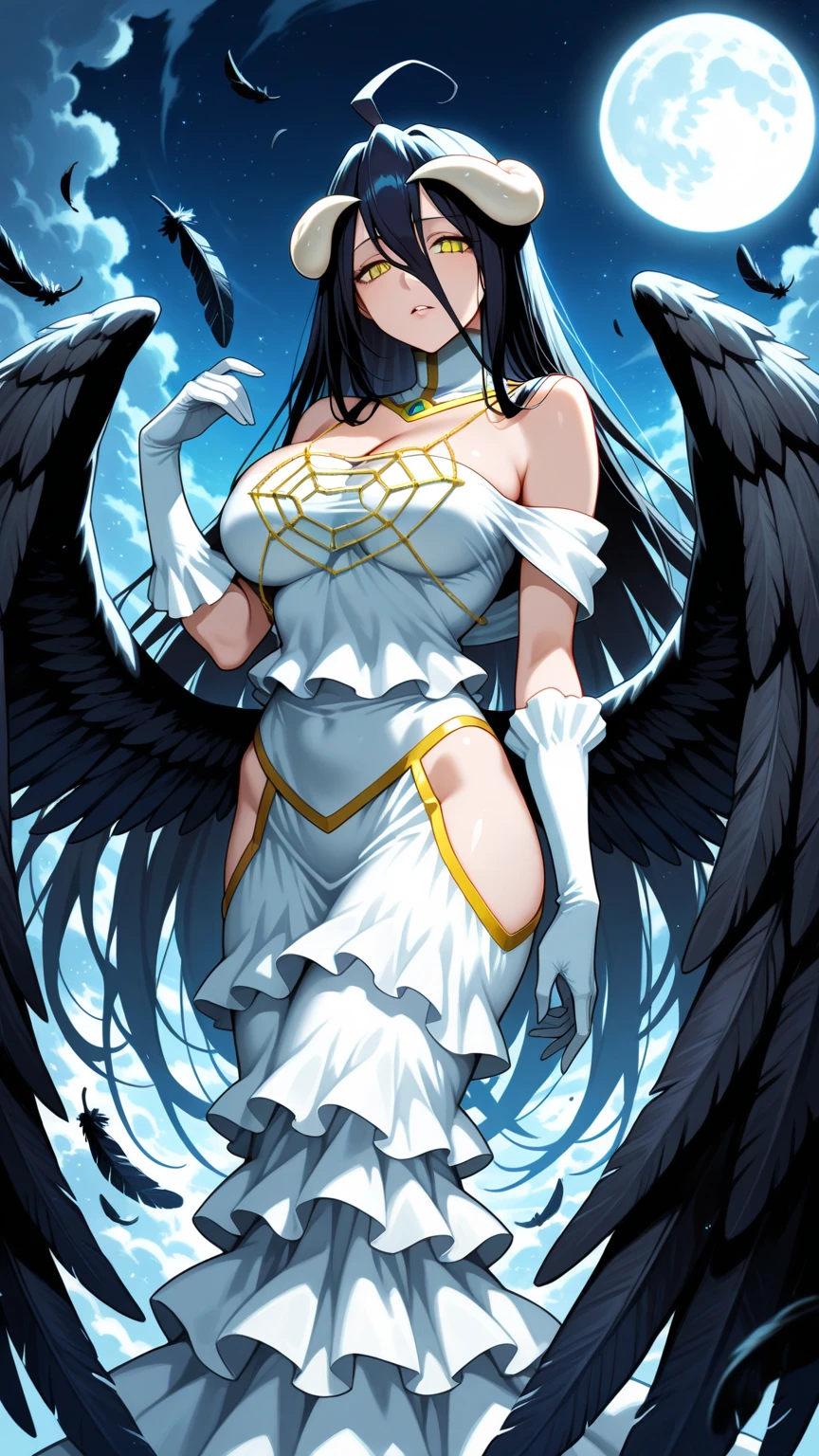 Albedo, overlord, masterpiece, best quality, highres, al1, demon horns, slit pupils, maid dress, bare shoulders, detached collar, cleavage, black wings, feathered wings, low wings, cowboy shot, outdoors, maid seifuku, black dress maid, in maid dress, maid uniform,