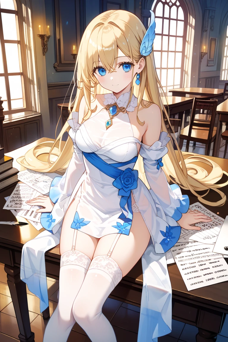 masterpiece, 1 girl, female figure, yellow hair, hime cut, extra long hair, crystal blue eyes, sharp detailed eyes, indoors library, golden blonde hair, cowboy shot, voluminous hair, wavy hair, cute girl, (medium small breasts), (young female body: 1.4),  white nightgown, short nightgown, garter, stockings, white neglige, white underwear, panties