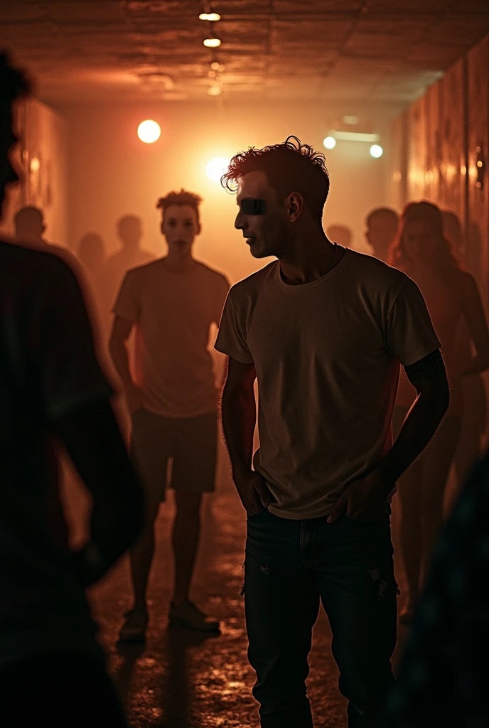 in a warehouse, A man is standing on the ground and holding a flashlight in his hand, surprised look, In front of him are several beautiful young women with hair of different colors., in sexy lingerie, beautiful and defined faces, stops looking straight ahead and with eyes closed, There is a sign hanging that says "ROBOT STORAGE", first person view , Excellent lighting, hyperrealistic quality image, high resolution