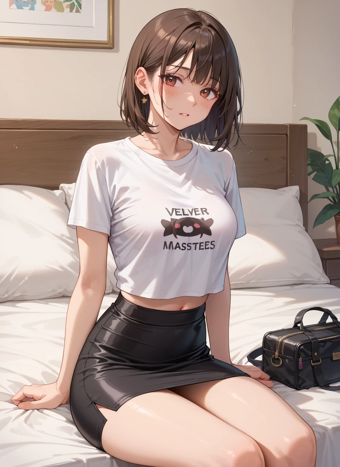 super fine illustration, vibrant colors, masterpiece, sharp focus, best quality, depth of field, cinematic lighting, ultra detailed, t-shirt, sleeping_pants, 1 woman, solo, belly button, milf, kitchen, dark brown hair, bob haircut, mature face, blush, annoyed, medium breasts, looking down