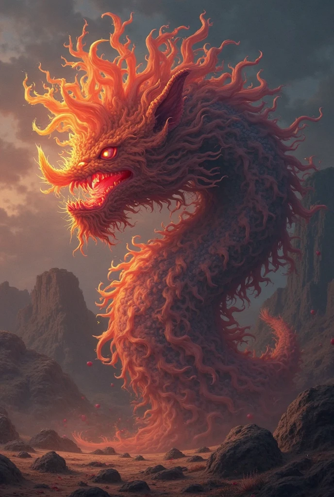 An oriental dragon。red。
The background is floating in the black sky。There is a thick fog。night。
Sharp eyes、It is shining now。At the peak of the volcano。
