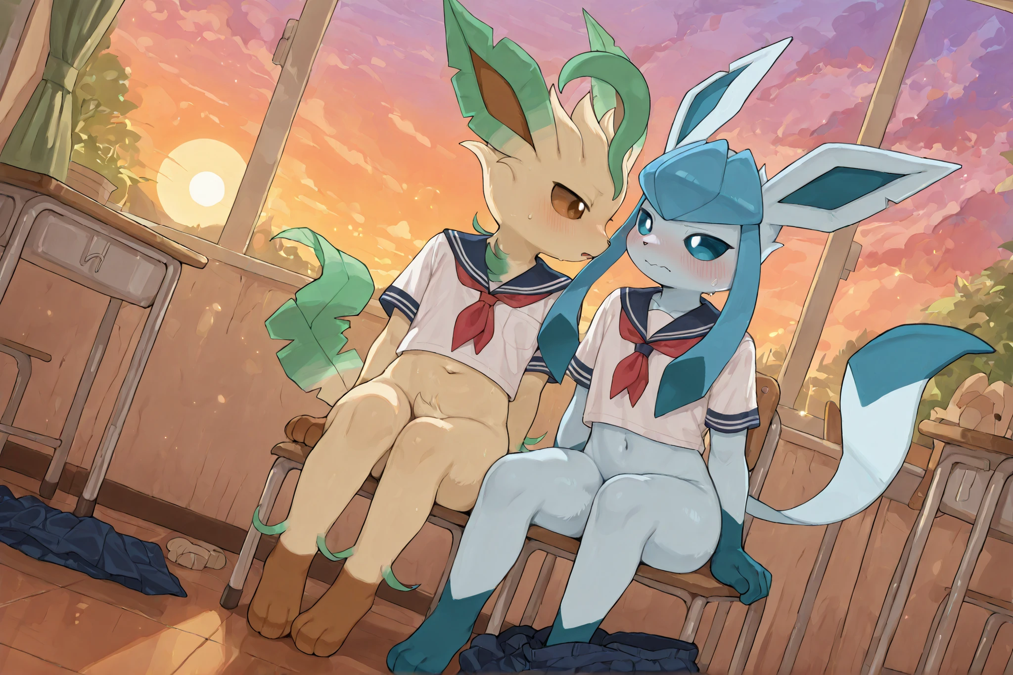 Two furry male cub boys, elementary school boy uniform, casting off, navel, flaccid, embarrassed ,Anime style furry eevee, sexy hot cub boys, in the school room, very young, short stature, full body, dynamic angle, furry leafeon, furry glaceon , slender skinny boy body, secret kiss, after school, sunset, sitting, casting off clothes, scattered clothes, dynamic 