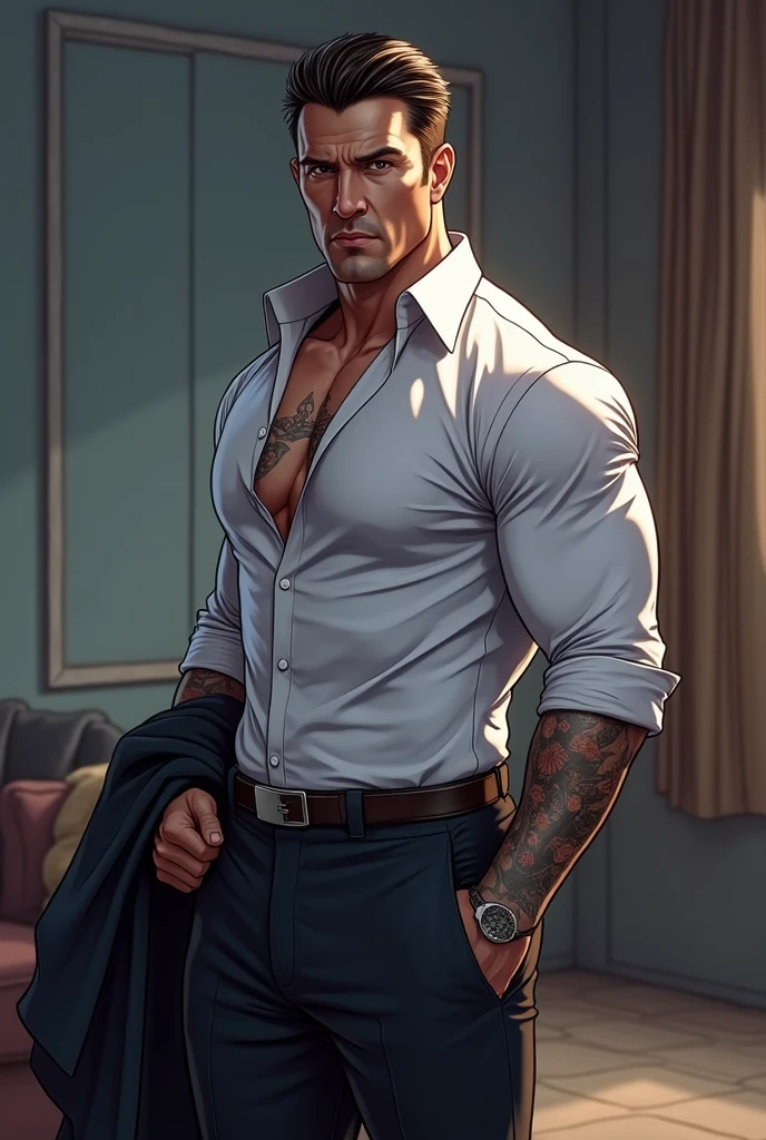 Sexy man, twenty two, handsome, dark blue shimmery button up shirt, silky hair, blonde slicked back hair, fuck boy, masculine energy, muscular, stripper, player, black silky pants, loose belt, trimmed beard, sexy, fuck, blue eyes, slight evil smirk, about to have sex