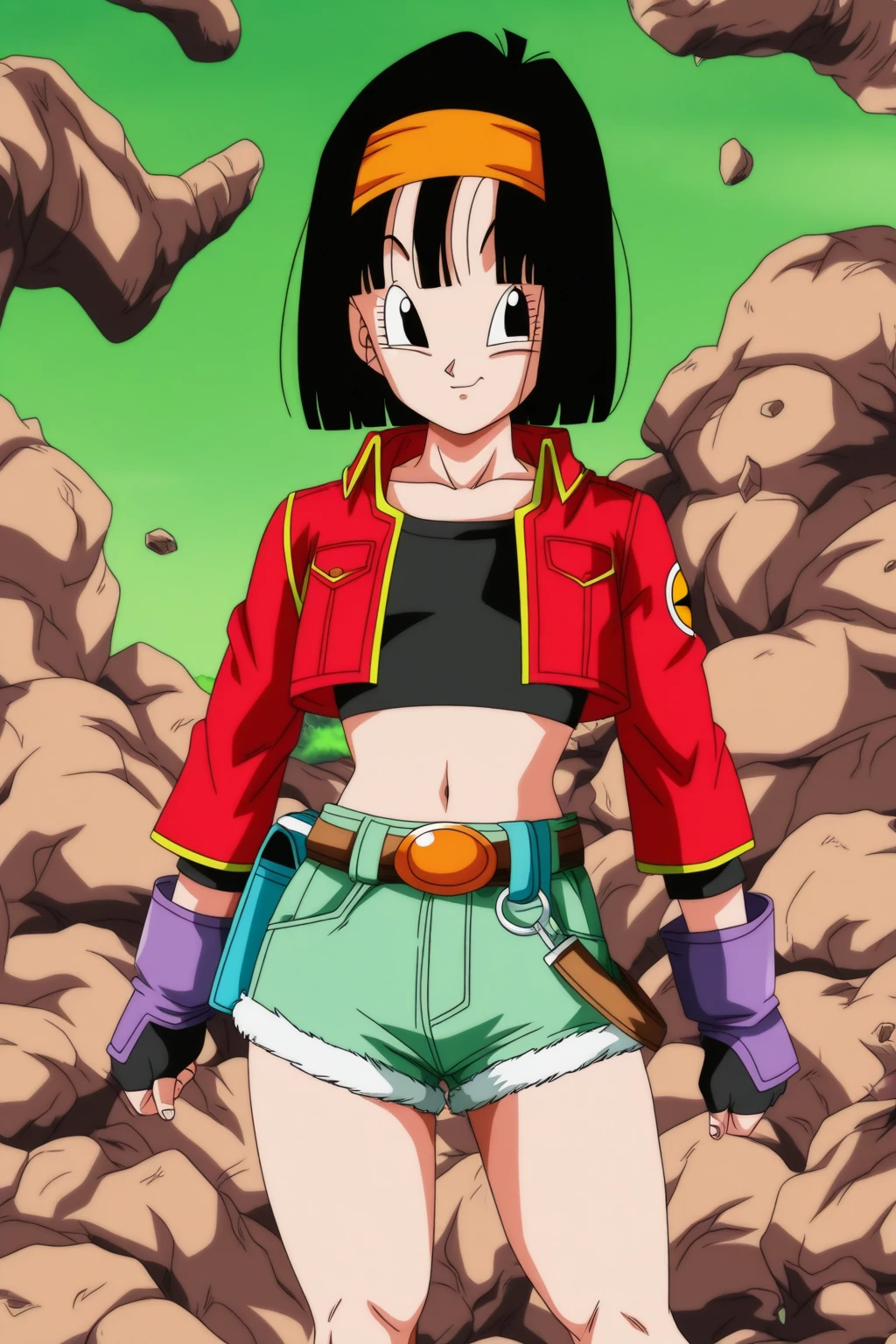 (masterpiece, best quality:1.2), 1girl, solo, black eyes, black hair, medium breasts, medium hair, red headband, sports bra, gym wear, dragon ball z style, dragon ball style, Kaulyr, eyelashes