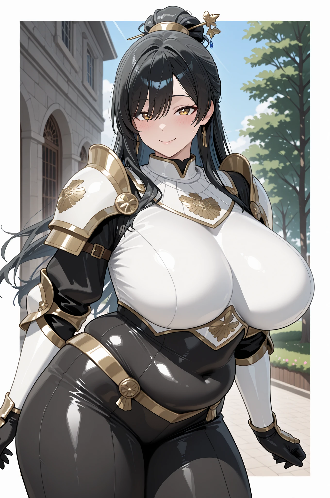 <lora:Morag:1> morag, 1girl, black hair, brown eyes, military uniform, hat, pauldrons, shoulder armor, white gloves, (Masterpiece, Best Quality, Highres:1.2), Detailed, Intricate Details, 4K, solo, cowboy shot, high rating, (gigantic breasts:1.2), sexy, smile, dynamic pose, looking at viewer, cleavage, deep cleavage, thicc, thick thighs, wide hips, skindentation, tight clothes, huge muscles, muscular, muscular female, abs, biceps, navel, underboob, narrow waist, <lora:muscle_mommy:1> muscle mommy, muscular female, mature female