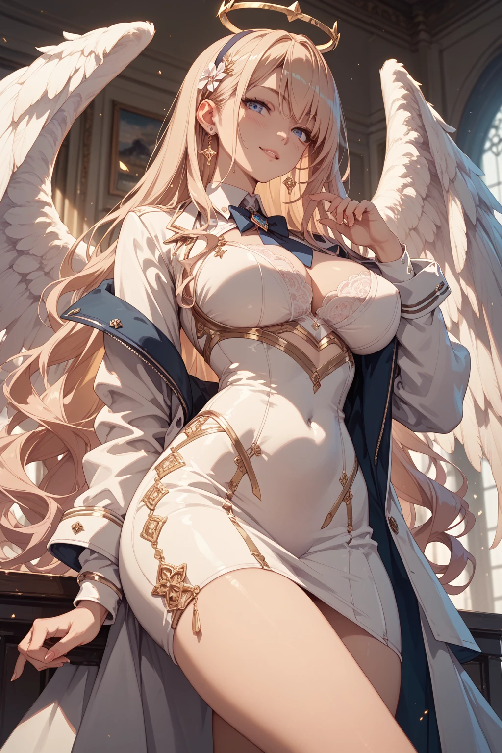 highest quality,masterpiece,8k,1girl,((((((10 years old)))))),((big breasts:1.3)),smile,blush, sweat,blonde hair,long hair,((fantasy,angel,wing:1.1)),halo,white dress,mini skirt,lift skirt,upskirt,white panties,white thighhighs,lift skirt,upskirt,white panties,church