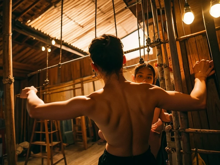 Teenage Thai boy group sitting on floor, watching one old style television,shirtless wearing dirty underwear, in old house, sitting turn back to viewer,Bangkok alleyway 1991s, sunset, happy time
