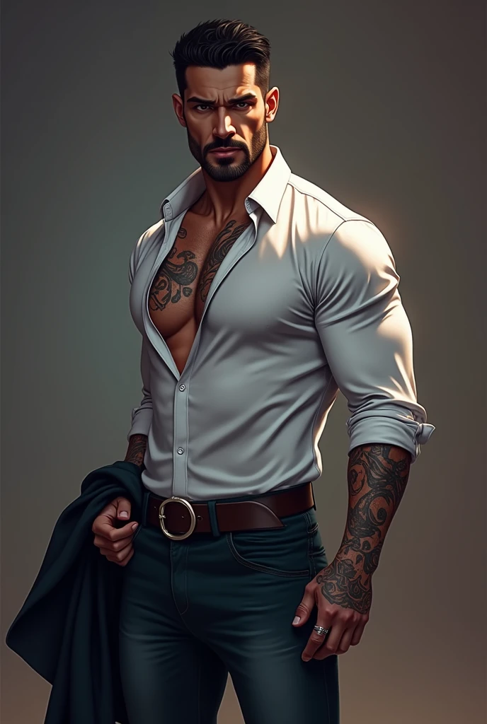 Realistic AI design High quality imvu drawing a young muscular man with beard small thin with tattoo “ruy” and other tattoo background room