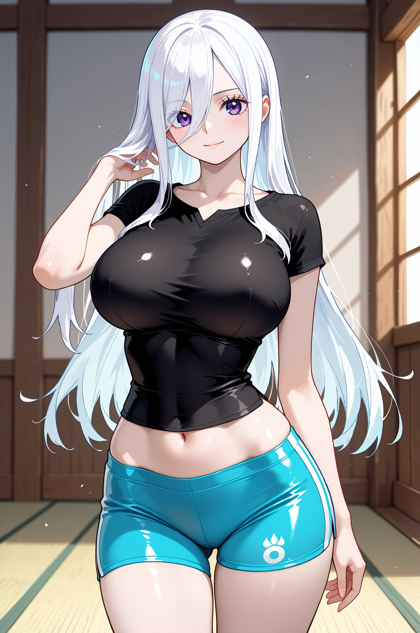 Masterpiece, hi res, absurdres, Best Quality, 4K, detailed, 1girl, female, Mature woman, large points wolf ears on top of head, wolf tail, yellow eyes, stoic face,emotionless, tall, dark blue micro bikini, ragged jeans, long elbow length white hair, muscular, abs, thick, huge breasts, close to viewer,no shirt