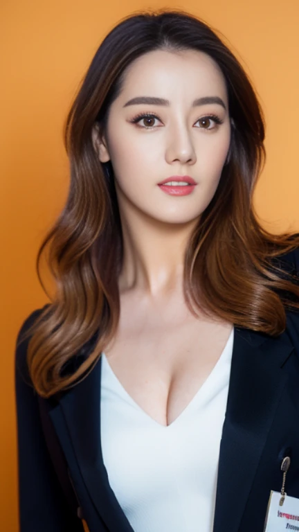 Studio photo of a beautiful Korean news anchor, female, 35 years old, beautiful facial features, captivating eyes, subtle smile, highly feminine, long wavy hair, pastel yellow blazer, lace camisole, subtle cleavage, voluptuous body, elegant vibe, look straight at the camera, hyper realistic, highly detailed, volumetric lighting, cinematic, sharp focus, 8K, front view, stunning full body shot