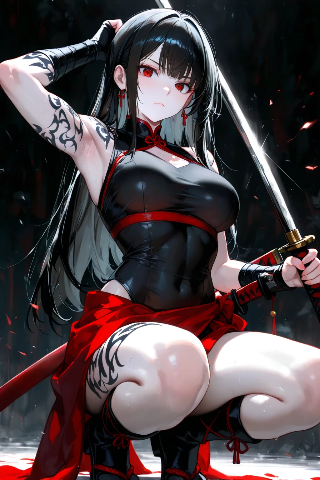 (Exquisite eyes),(Clear and beautiful eyes:1.61),masterpiece, 1 young girl,(Black clothes and some red gems), Black long hair, (She has a huge red gem on her chest), Good Hand,((The Havoc of StarCraft)),full-body shot,Fighting Stance,(Red Eyes:1.466),short and small,(Very big breasts:1.35),(Pretty Face),(full-body shot:1.33),Beautiful hands
