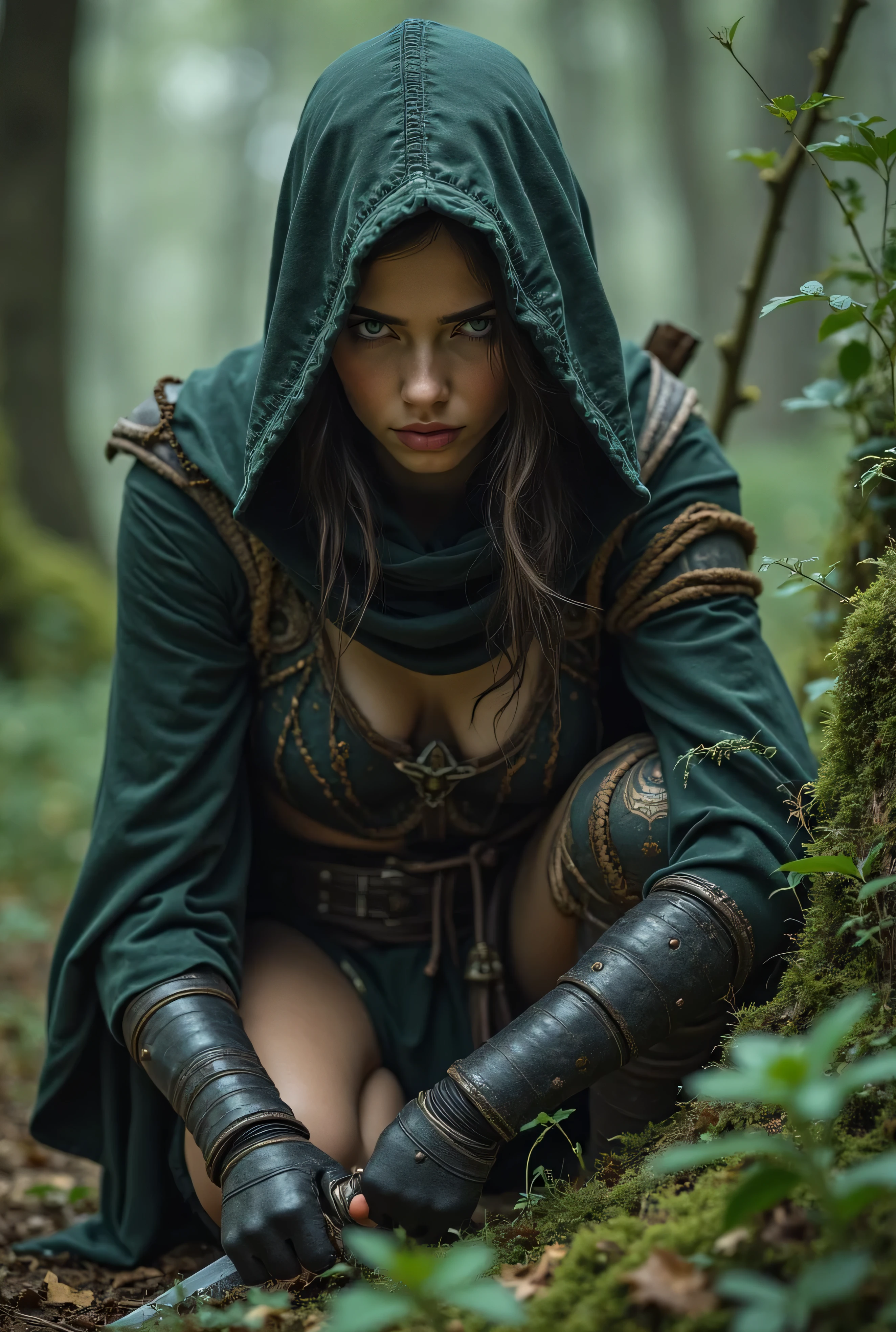 "The Last Anaconda Amazon" Beautiful woman, cold face, no horns, have an anaconda tail behind her butts, scary tail, have a thousand arms, an ancient witch, wear a full-mask cover face, holding sharply weapon and shield, wear an old-fashioned hood, wear a clothes from Arknights, Bloodborne theme, Arknights theme, dark fantasy, scary theme, green forest, monstrous pet, bloody background, supervillain, evil movement, mercilessly squads.