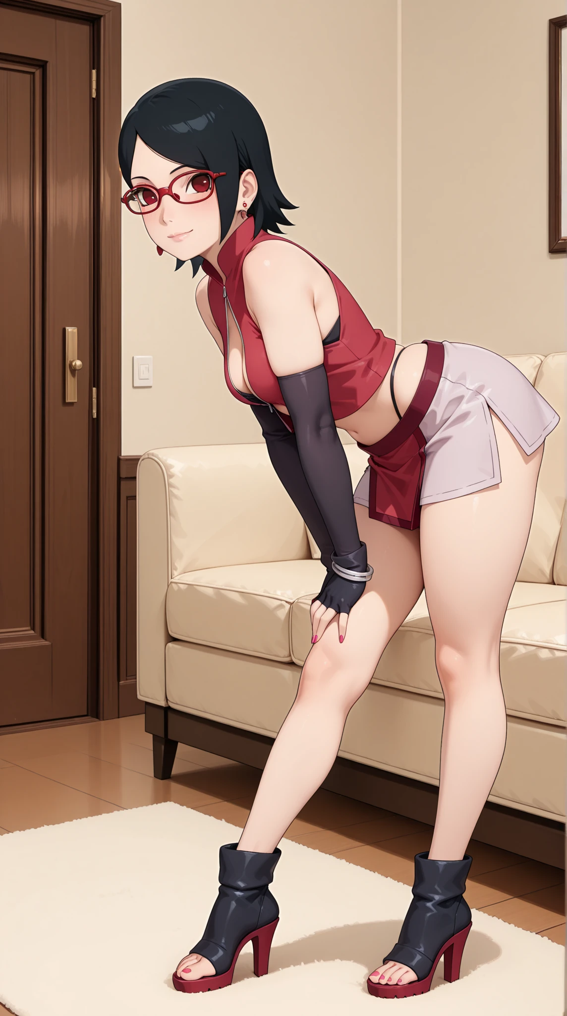 Chinese (other than Han Chinese) 59 years old woman Red Updo , in the Exercise room, Lying on side with legs stretched out in front, Turtleneck sweater with a wool skirt, EdobNarutoShippuden <lora:EdobNarutoShippuden_v1.0:0.8>
