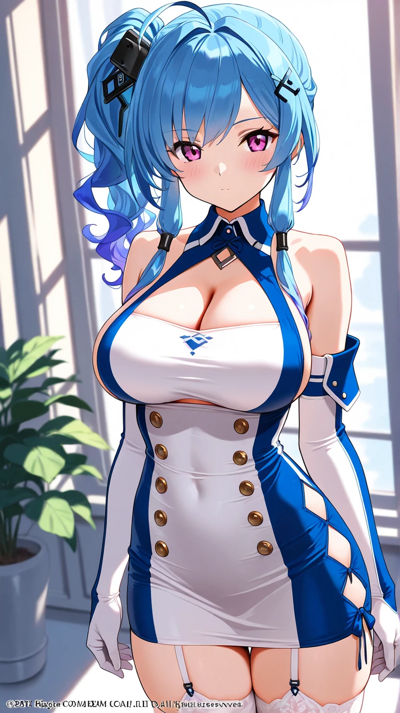 iechan,long blue hair,hair ornament,large breasts,bare shoulders,white elbow gloves.collarbone,side ponytail,white thighhighs,blue dress,pleated skirt,sitting on floor with a smile looking at viewer very curiously,