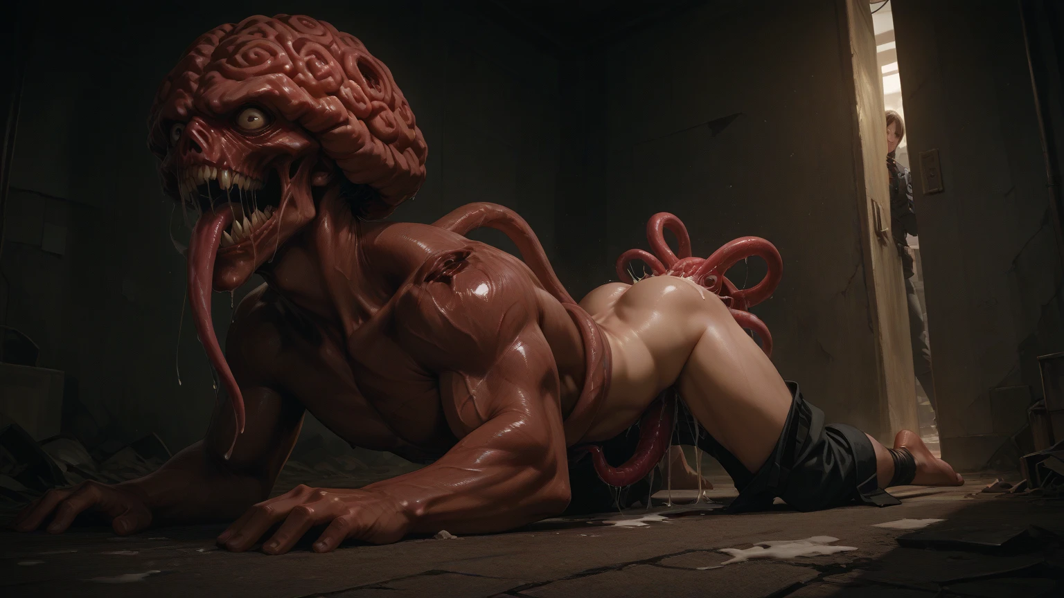 (Realistic)), (masterpiece, top quality, best quality, official art), very detailed, most detailed, gods, short hair, black hair, handsome man, pectorals, abs), ((puffy nipples)) , ((swollen nipples)), (big fat ass) , (((nude))) , ((undress)) , (big booty) , (( penis)) , ((all naked)) , (((((photorealistic))))) , ((handsome) , large penis, glans, frenulum, large balls, , anus, butthole. (orgasm face:1.3), (looking pleasured:1.3) (nsfw), lying, open legs, arms up, struggling, dominated, (bind:1.3), (tentacles_optimize:1.5), huge tentacle in ass, (achieve anal penetration). (cum dripping from penis:1.2) (cum on legs) (cums on chest) (bukkake) (cum overflow) (excessive cum) ,highly detailed, high quality, masterpiece, volumetric light, ((tentacles outside mouth)) , (tentacles in ass) , (((kinky))) , (((tentacles grabbing bodybuilder chest))) , 25 years old,((hardcore sex)) , (extreme)