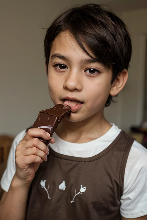 guttonerdvision6, award-winning full-length portrait of a happy 3-year-old boy wearing glasses, center of image, looking at the viewer, (((face skin and pores)) (((detailed))). He's eating a chocolate bar and his face is smeared with chocolate, Intricate scene, realistic, cinematic, 8k, realistic