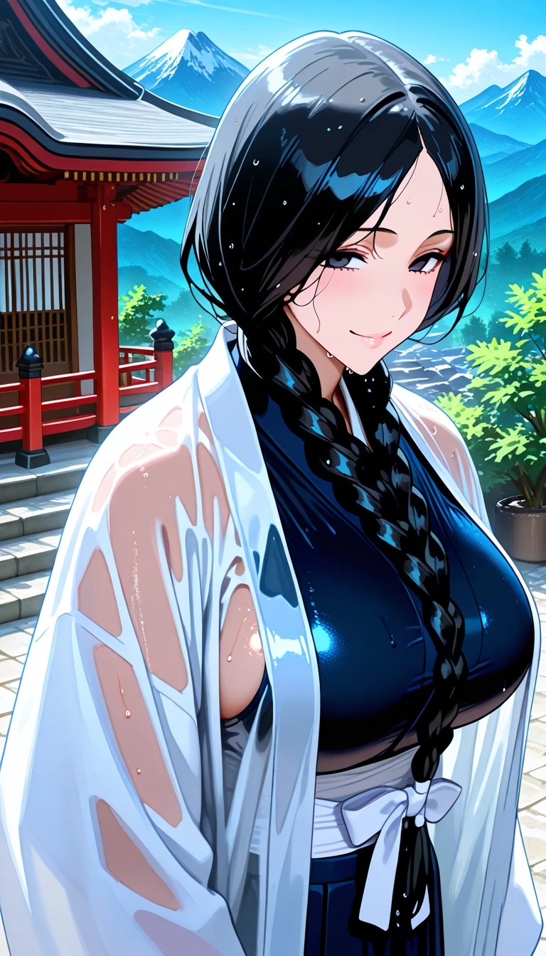 Gorgeous Japanese Mao Abe Hitomi Tanaka in a short kimono showing off her body, anime style, anime realism, Mao Abe mixed with Hitomi Tanaka, lascivious smile, smokey eyes, mid-twenties with a supple female body, CC-size breasts, anime style long hair, cleavage,detailed eyes, detailed hands, detailed face, colors, flower
