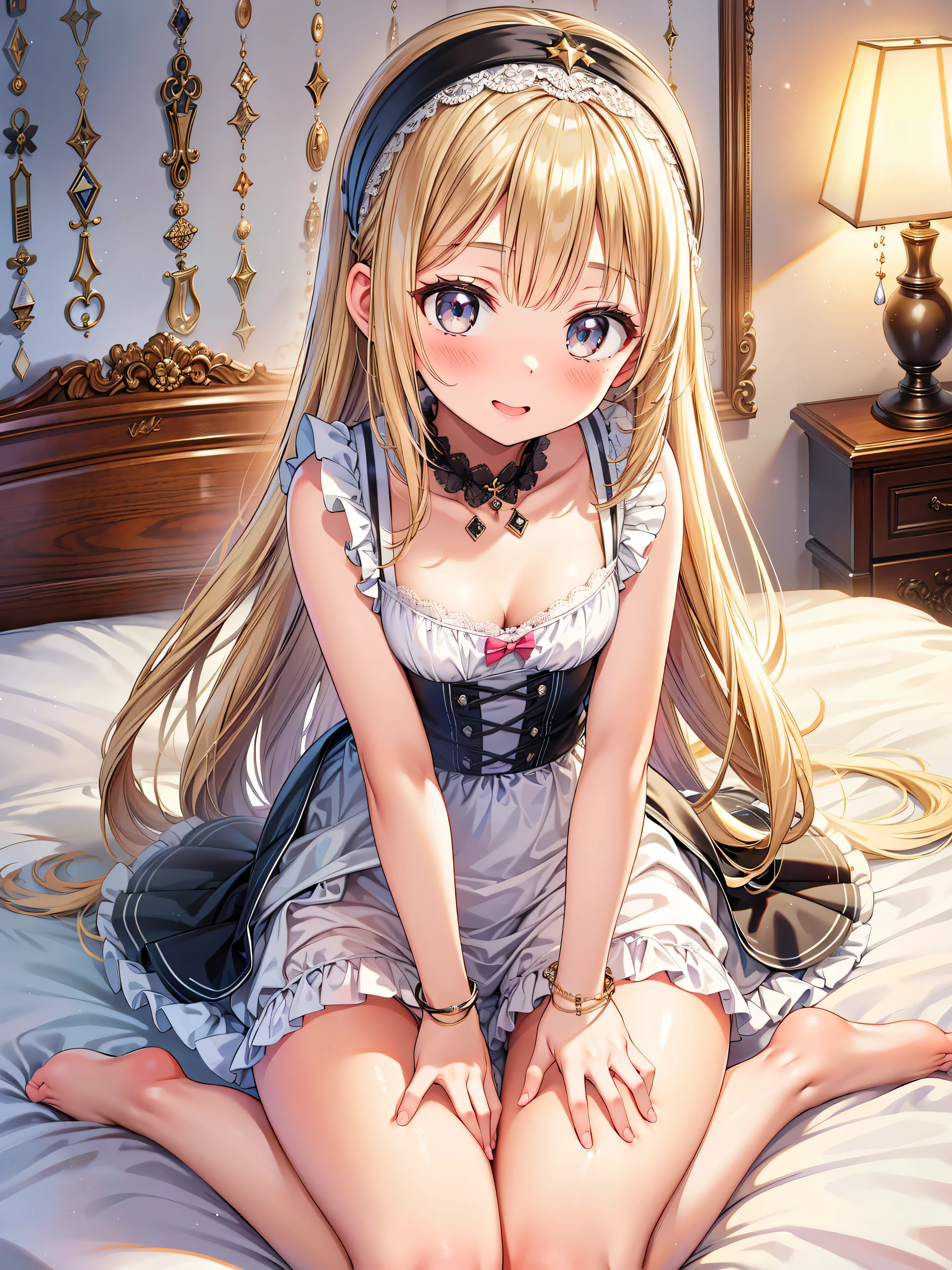 ((highest quality、High resolution))、Portrait、Blonde、Legs wide open、I'm inviting you to have sex、No panties、((Beautiful girl shows her pussy))、Love juice