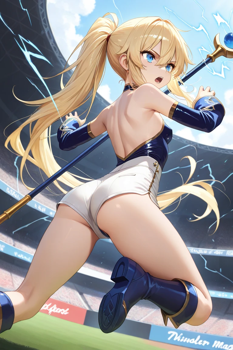 masterpiece, best quality, long hair, medium breast, cleavage, navel, slim legs, morgan fate blonde hair, class, cheerleader, happy