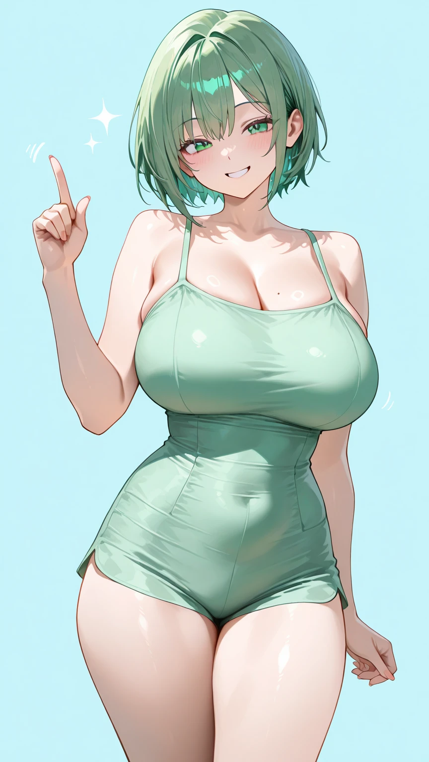1girl, solo, green hair, short hair, green eyes, one-piece swimsuit, arms behind back, pussy line, huge breasts, white thighhighs, smile, absurdres,