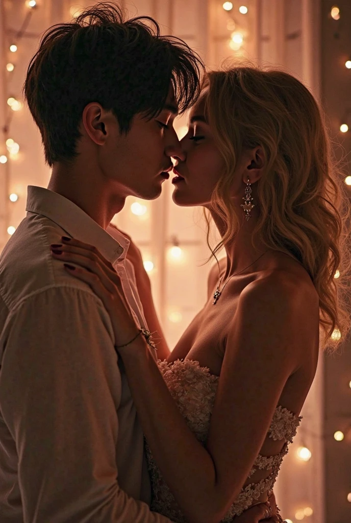 { 1girl, ((surrounded by 2 black men laughing)), (((pouting ass, a man is grabbing on the girl's waist))), kissing to another man, seen from side }, { (masterpiece), (absurd resolution:1.2), (best quality:1.6), (photo realistic:1.6), (Luminous lighting:0), (Chiaroscuro:1.6), ((rtx ray tracing)) }, { (young, 20 years old),(blushed),(aroused:1.6),(weeping),(panting), (wet shiny skin), ((slender body)), (big breasts:0),(beautiful big pelvis), ((blonde)) long hair }, { ((see-through)) ((bridal dress)), tiara }