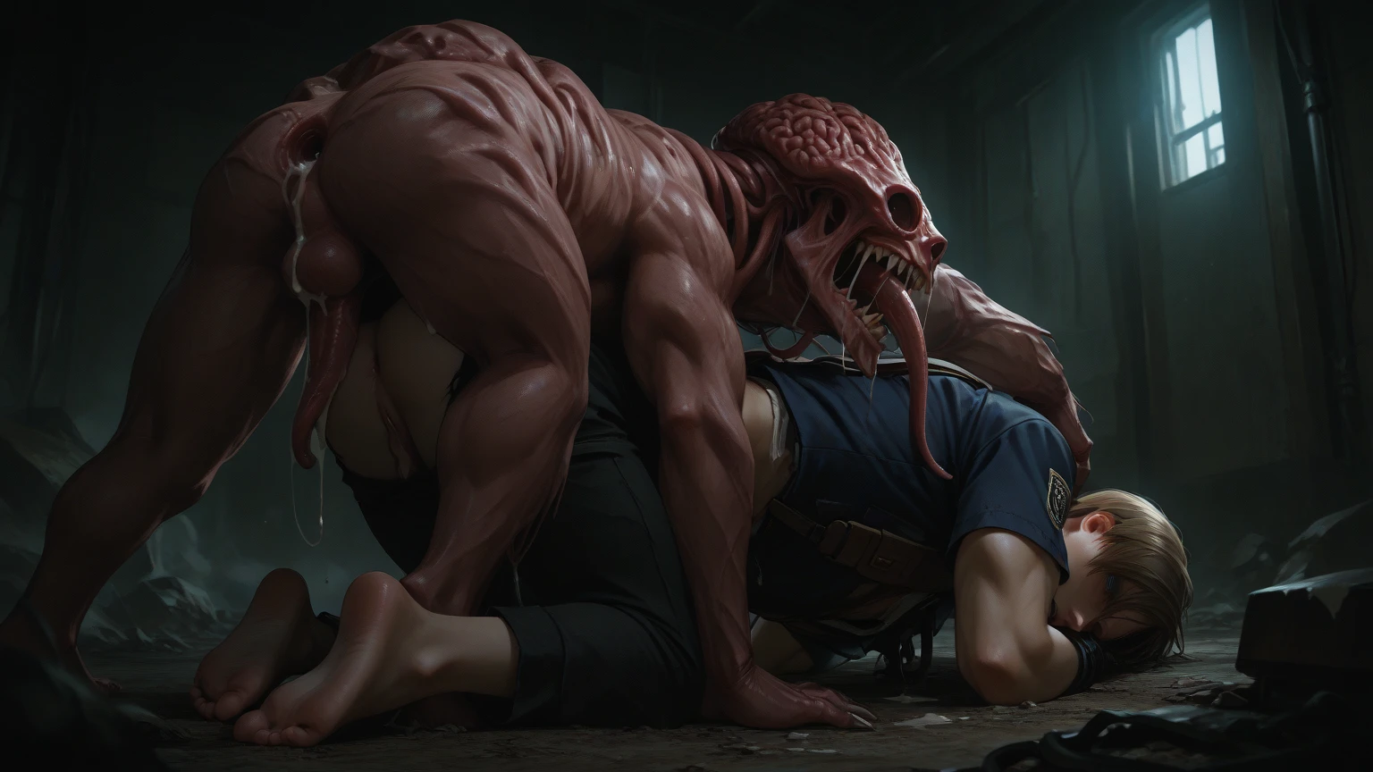 ((((duo, human, realistic, photorealistic, photo, photography, 8k uhd, ultra-detailed, feral, huge penis, POV, doggystyle, touching teats, looking at viewer, on bed)))), hyper realistic, ultra detailed image of a terrordog, feral, thick thighs, realistic, detailed background, dark skin monster, claws, (short tail:0.8), estrus. multi breast, multi nipple, hyper Teats, thick nipples, long nipples, (((((touching teats, hands on teats, detailed anus, one anus, pov, excessive lactation)))))