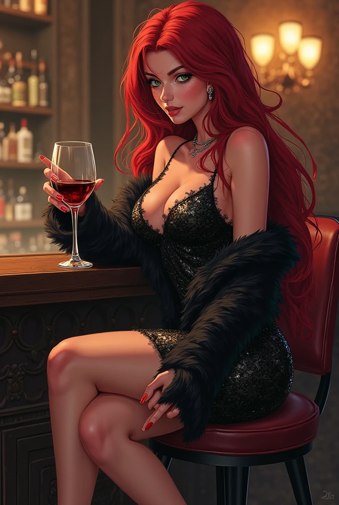 A woman with red hair, white skin, green eyes, thin nose with pink mouth, with a light makeup, wearing a dark blue dress with a light Glitter with medium breasts, thin waist, wide hip with an elegant neckline, nails painted water green, long straight hair with light curls at the tip, wearing thin heeled shoe of black color, wearing a beautiful choker with a sapphire, wearing silver earrings with sapphires, wearing: a silver bracelet she is sitting in a chair in an elegant position with a table on the table has a glass of wine with wine on the table has a bottle of wine inside a bucket with ice a plate with spaghetti in the sauce sugo with grated cheese she is on the balcony of a luxury hotel overlooking the Eiffel Tower in Paris is at night the sky has a moon lit with a many stars around the balcony and large with a modern decoration the woman is happy on the balcony has an open glass door