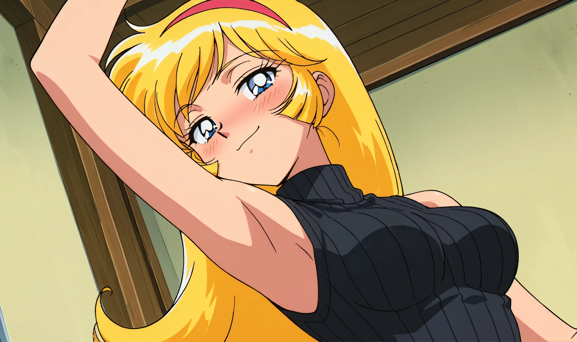 masterpiece, best quality, amazing quality, anime screencap, anime coloring, retro artstyle, 1990s (style), retro, retro artstyle, 1girl, solo, KisaragiHoney, blonde hair, long hair, blue eyes, medium breasts, hairband, black sweater, sleeveless sweater, ribbed sweater, turtleneck, sleeveless, bare shoulders, bare arms, arm up, raised arm, armpit, armpit focus, head towards viewer, looking at viewer, direct eye contact, smile, smug, half-closed eyes, blush, closed mouth, indoors, from side, from below,