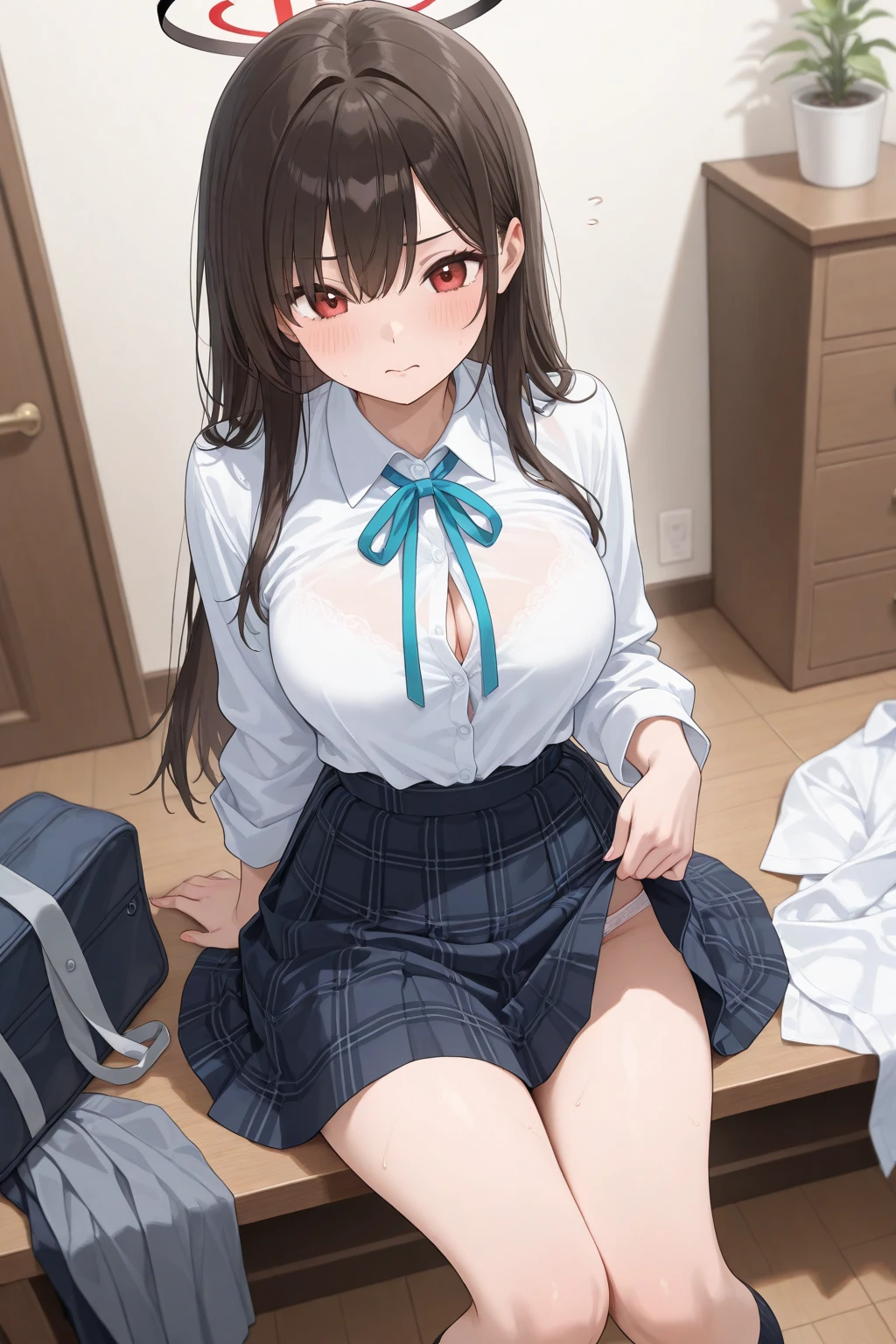 very aesthetic, best quality, intricate, overall detail, nsfw, 1 woman,adult woman,, {shibari over clothes}, arms behind back, standing on one leg, bent leg,( her leg hanging from celling),school uniform, {panties around one leg}, loafers, pointy breast,nipples, pussy, {dildo in pussy}, sad, sweat, indoor, japanese warehouse, mid night, moonbeam, facing the front, looking at viewer, straight-on, close to viewer, cowboy shot, solo focus, intricate, (highly detailed),pubic hair,