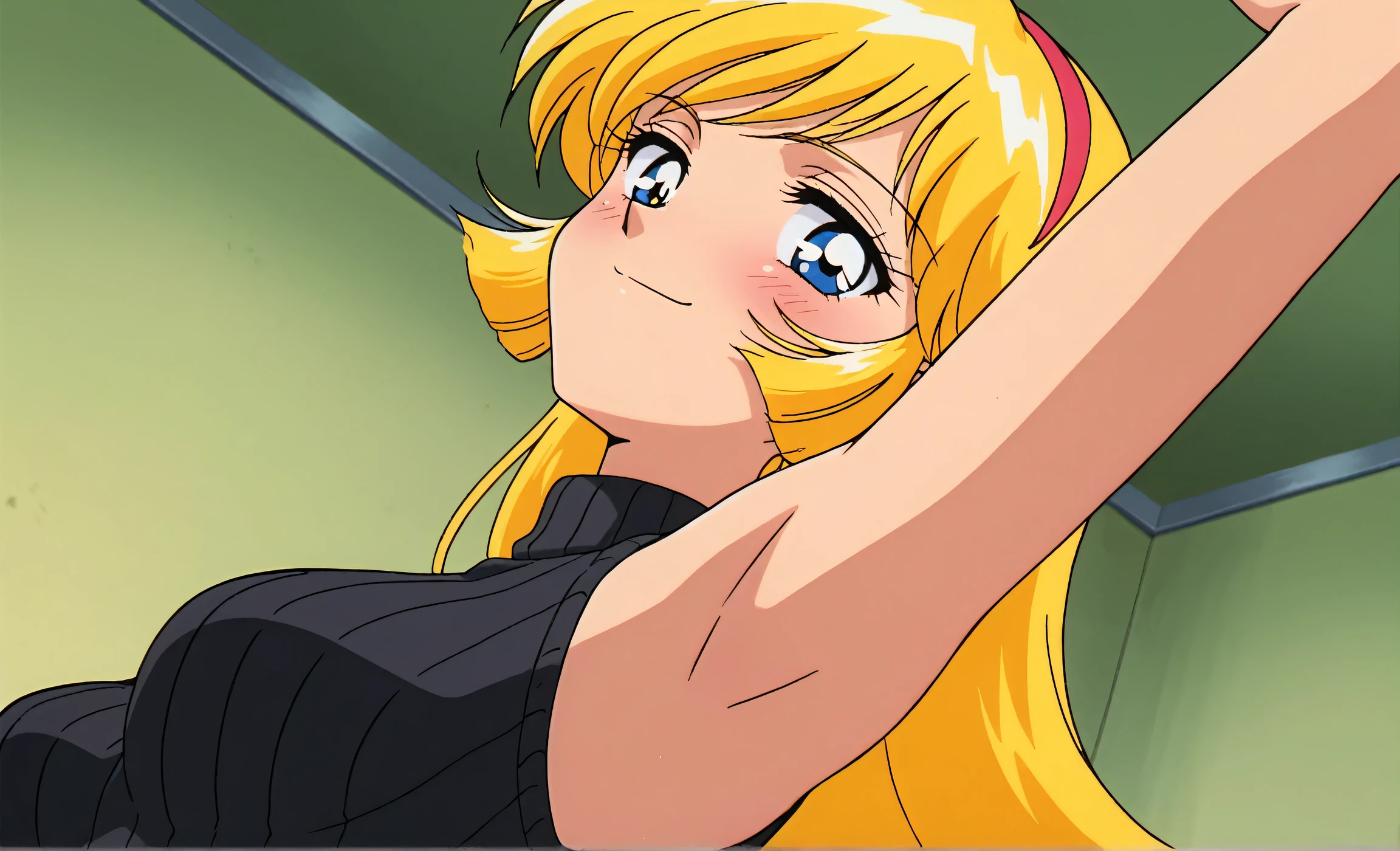 masterpiece, best quality, amazing quality, anime screencap, anime coloring, retro artstyle, 1990s (style), retro, retro artstyle, 1girl, solo, KisaragiHoney, blonde hair, long hair, blue eyes, medium breasts, hairband, black sweater, sleeveless sweater, ribbed sweater, turtleneck, sleeveless, bare shoulders, bare arms, arm up, raised arm, armpit, armpit focus, head towards viewer, looking at viewer, direct eye contact, smile, smug, half-closed eyes, blush, closed mouth, indoors, from side, from below,