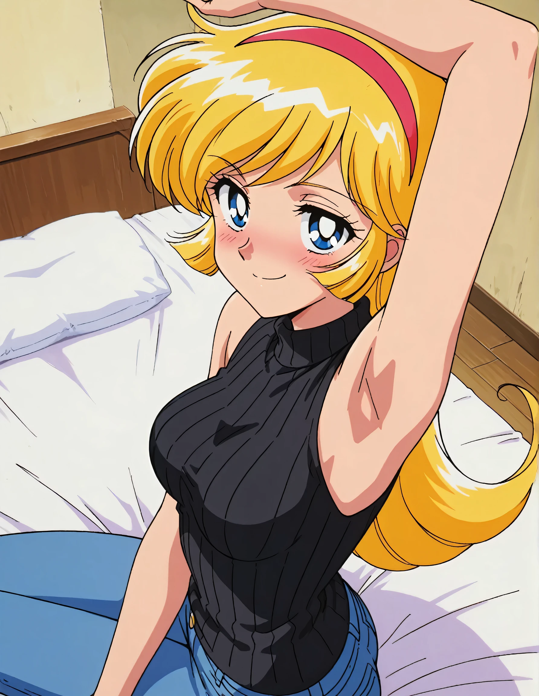 masterpiece, best quality, amazing quality, anime screencap, anime coloring, retro artstyle, 1990s (style), retro, retro artstyle, 1girl, solo, KisaragiHoney, blonde hair, long hair, blue eyes, medium breasts, hairband, black sweater, sleeveless sweater, ribbed sweater, turtleneck, sleeveless, bare shoulders, bare arms, arm on own head, armpit, armpit focus, head towards viewer, looking at viewer, direct eye contact, smile, smug, half-closed eyes, blush, closed mouth, indoors, from side, from above, sitting on bed, jeans