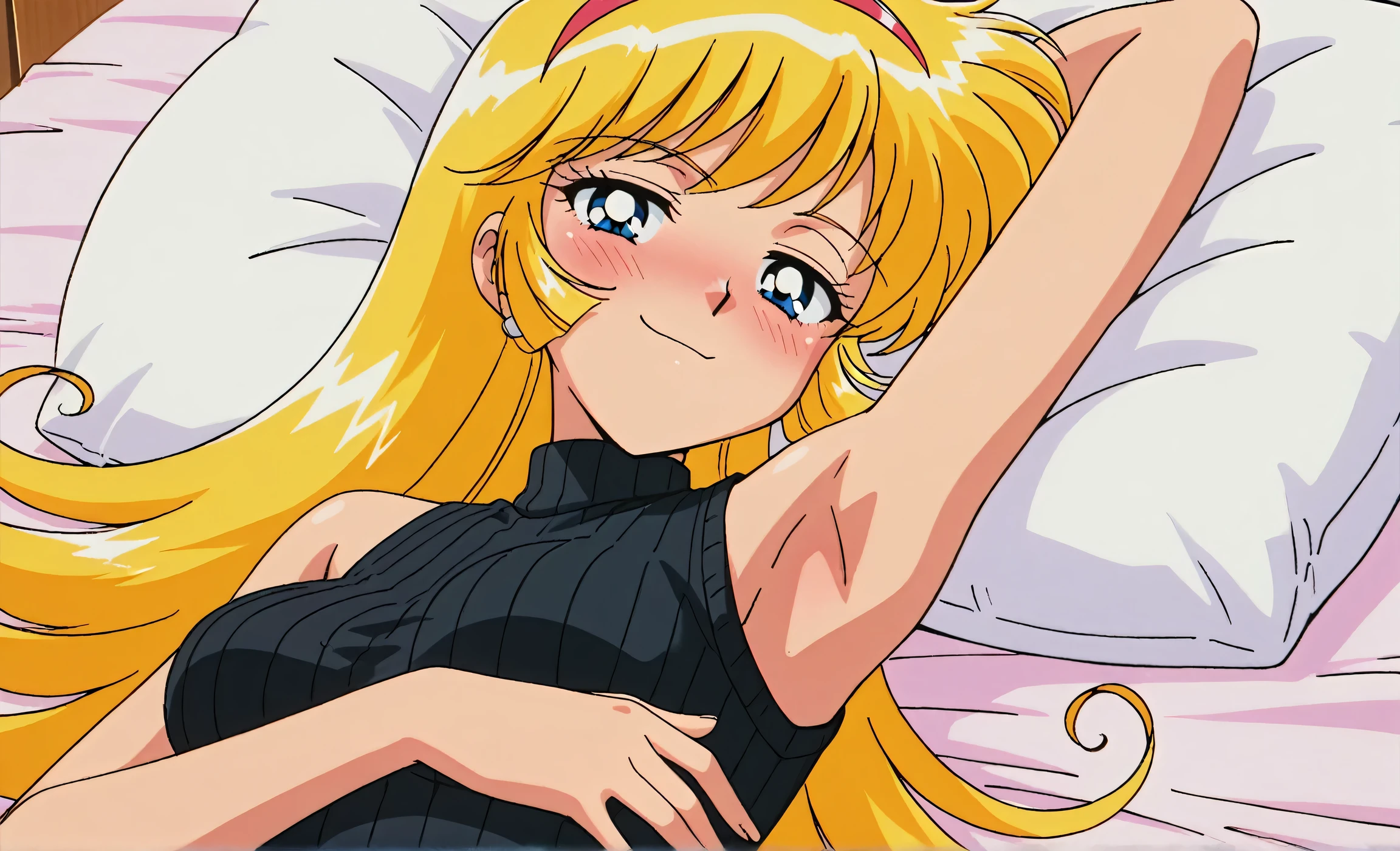 masterpiece, best quality, ultra-detailed, illustration, 1girl, solo, lying, side view, nineties style, bed, large bed, room, interior, interior room, wall, nineties wall, nineties interior, nineties interior room, sexy lingerie, lingerie, sleep, hugging, pillow, side view, blonde hair, long blonde hair, curly blonde hair, blue eyes, closed eyes, relaxed, comfortable, peaceful, sensual, sultry, confident, side-parted hair, golden blonde hair, medium length hair, medium-length hair, medium length curly hair, 90s fashion, 90s lingerie, 90s bedroom, 90s decor, 90s furniture, lace lingerie, sheer lingerie, silk lingerie, satin lingerie, tousled hair, messy hair, bed sheets, bedspread, soft bed sheets, comfortable bed, comfortable bed sheets, comfortable bedspread, fluffy pillow, round pillow, decorative pillow, vintage pillow, vintage bed, vintage furniture, vintage interior design, 90s style bed, 90s style furniture, 90s style decor, 90s style bedroom, 90s wallpaper, 90s patterned wallpaper, 90s floral wallpaper, 90s pastel wallpaper, 90s pastel colors, 90s pastel interior design, <lora:LinaInv2:0.8>
