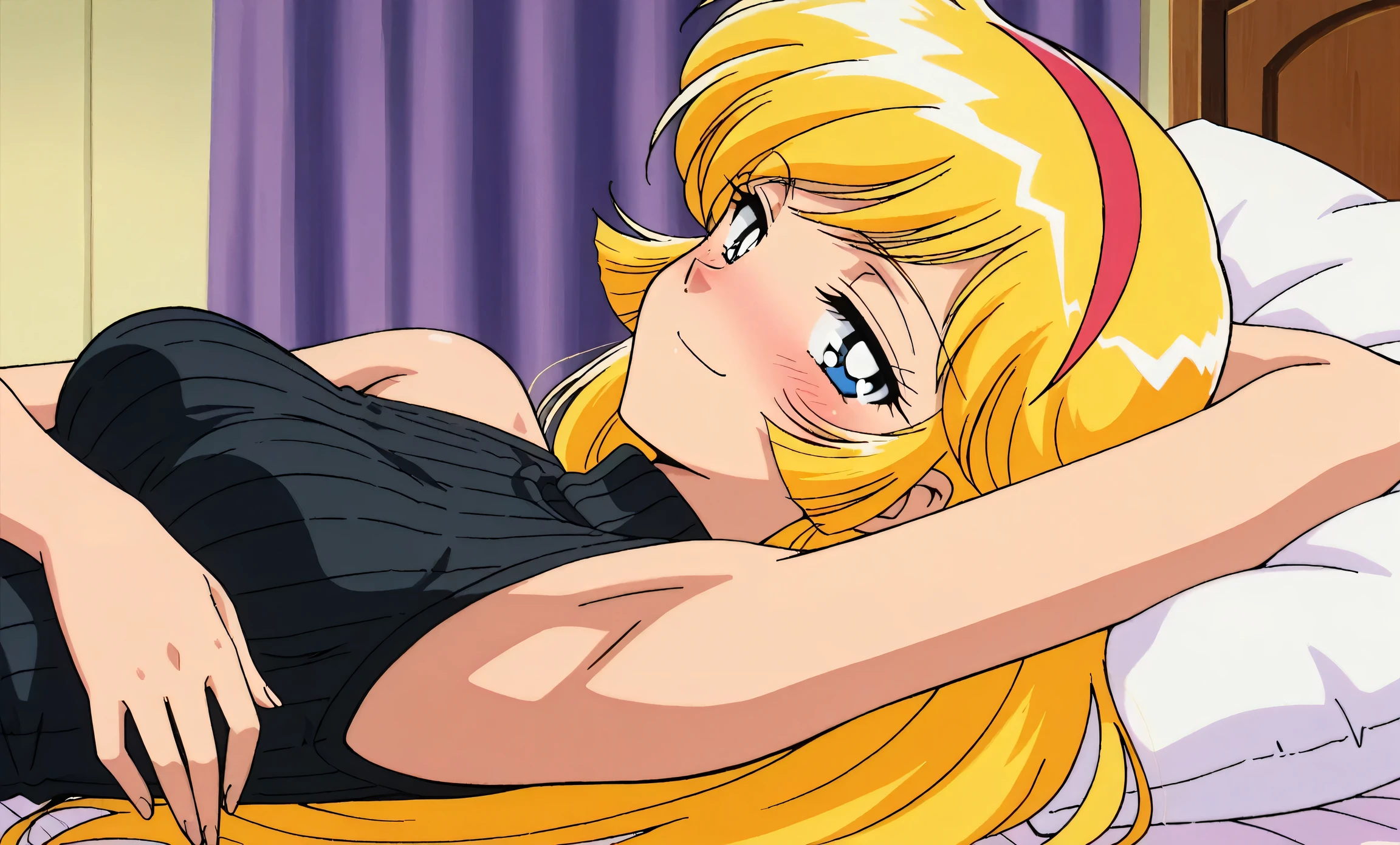 masterpiece, best quality, amazing quality, anime screencap, anime coloring, retro artstyle, 1990s (style), retro, retro artstyle, 1girl, solo, KisaragiHoney, blonde hair, long hair, blue eyes, medium breasts, hairband, black sweater, sleeveless sweater, ribbed sweater, turtleneck, sleeveless, bare shoulders, bare arms, arm behind head, armpit, armpit focus, head towards viewer, looking at viewer, direct eye contact, smile, smug, half-closed eyes, blush, closed mouth, lying in bed, from side, sideview, pillow
