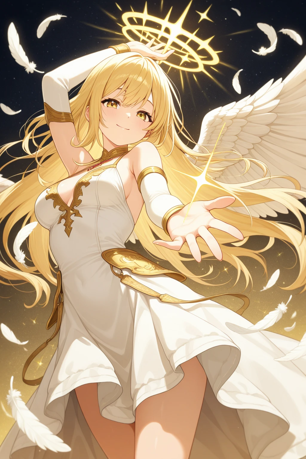 Extremely delicate and beautiful CG illustration, best quality, high resolution, dynamic angle, full-length lens, (1 girl), yellow eyes and straight white long hair, floating, soft light, high-profile lighting), angel